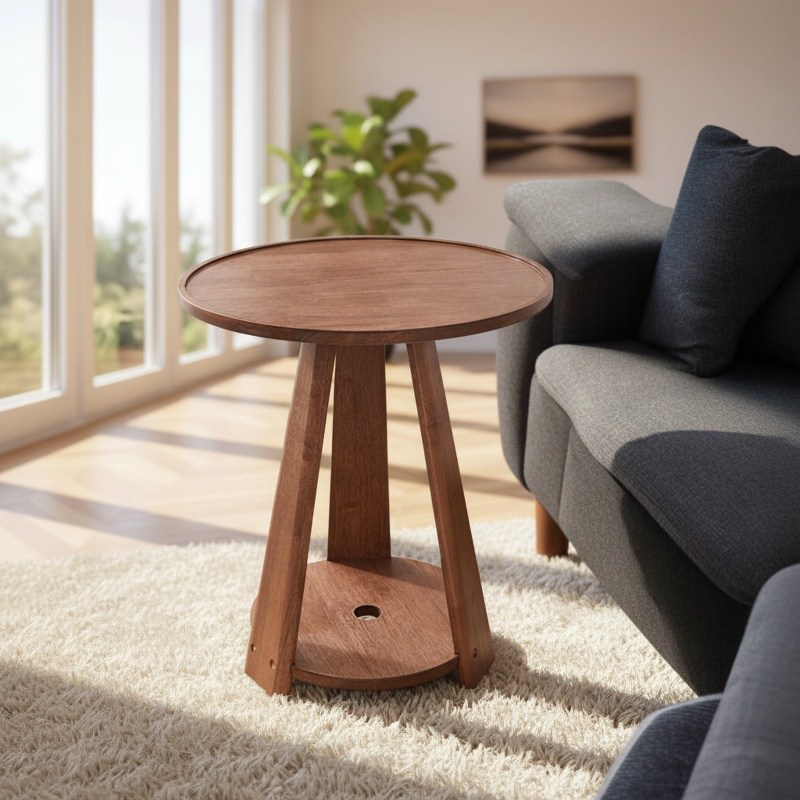 Modern Scandinavian small round side table by sofa