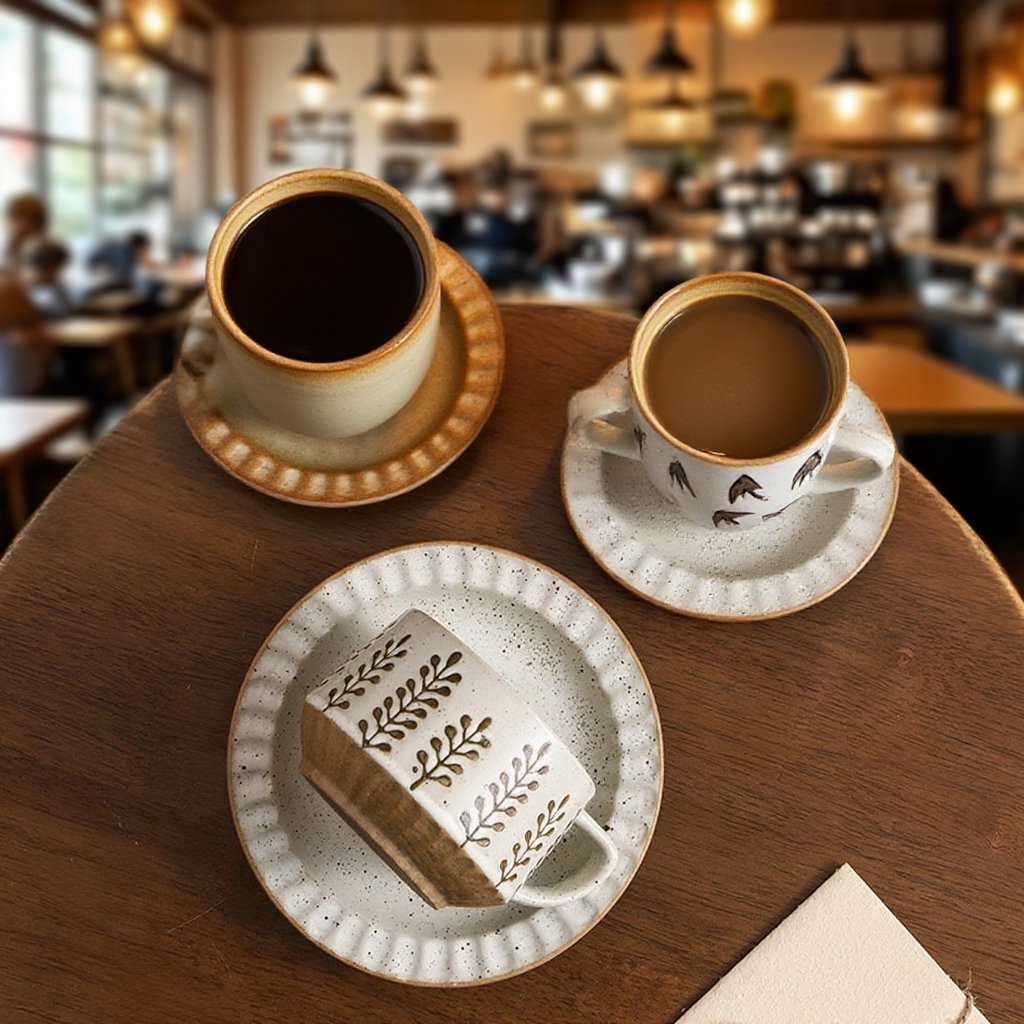 창의적인 레트로 커피 컵과 접시 세트