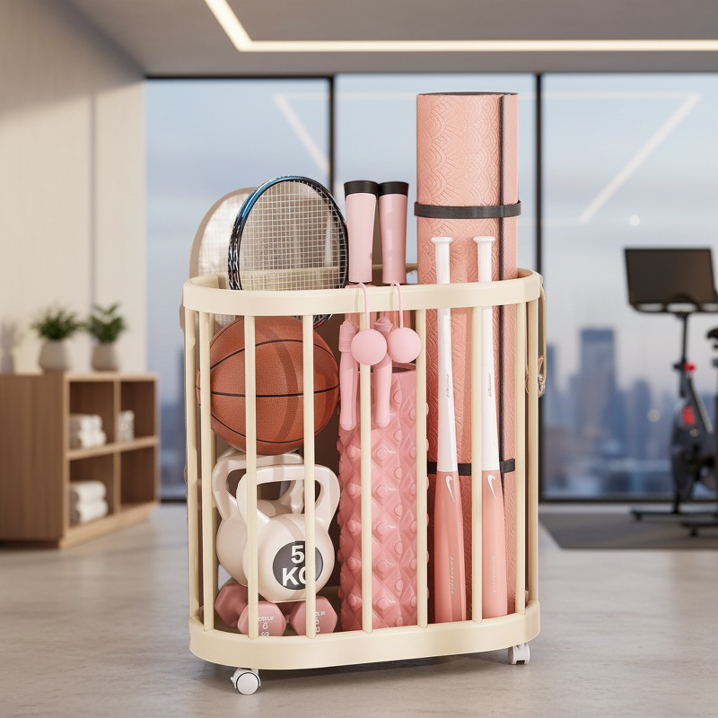 Home Fitness Equipment Storage Frame with Wheels Movable Yoga Mat Tool Storage Basket