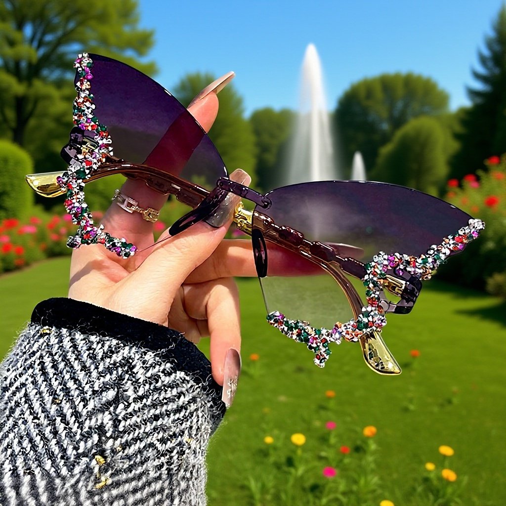 Gafas de sol sin marco con forma de mariposa y diamantes incrustados