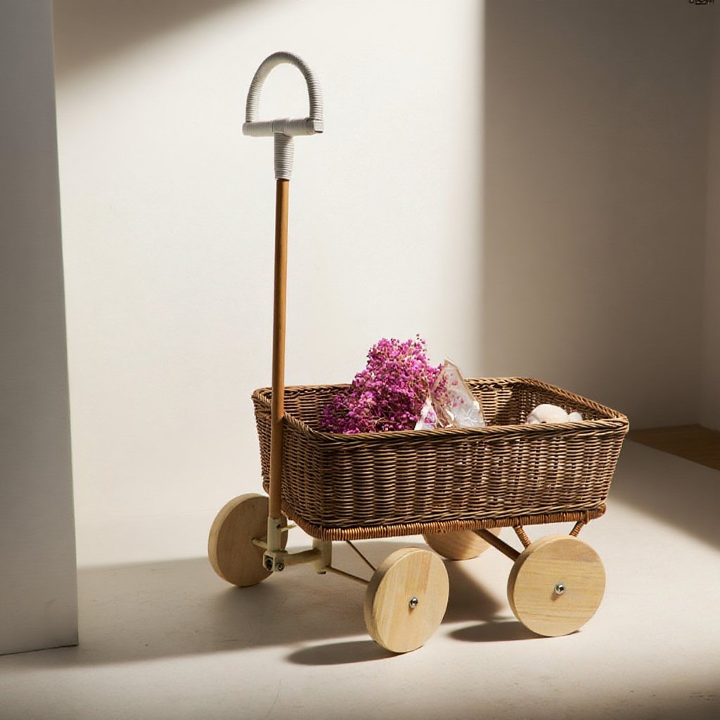 Vozík na hračky z přírodního ratanu, koš na plyšové hračky, venkovní vozík