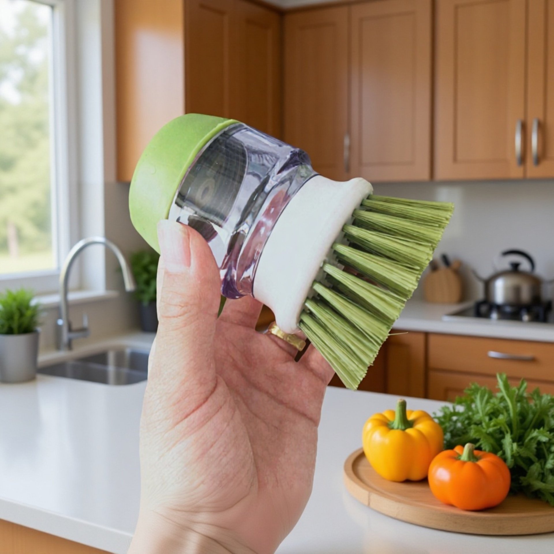 キッチンシンクでのノンスティックブラシ使用シーン