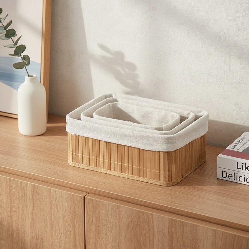 Bamboo laundry hamper in modern bathroom