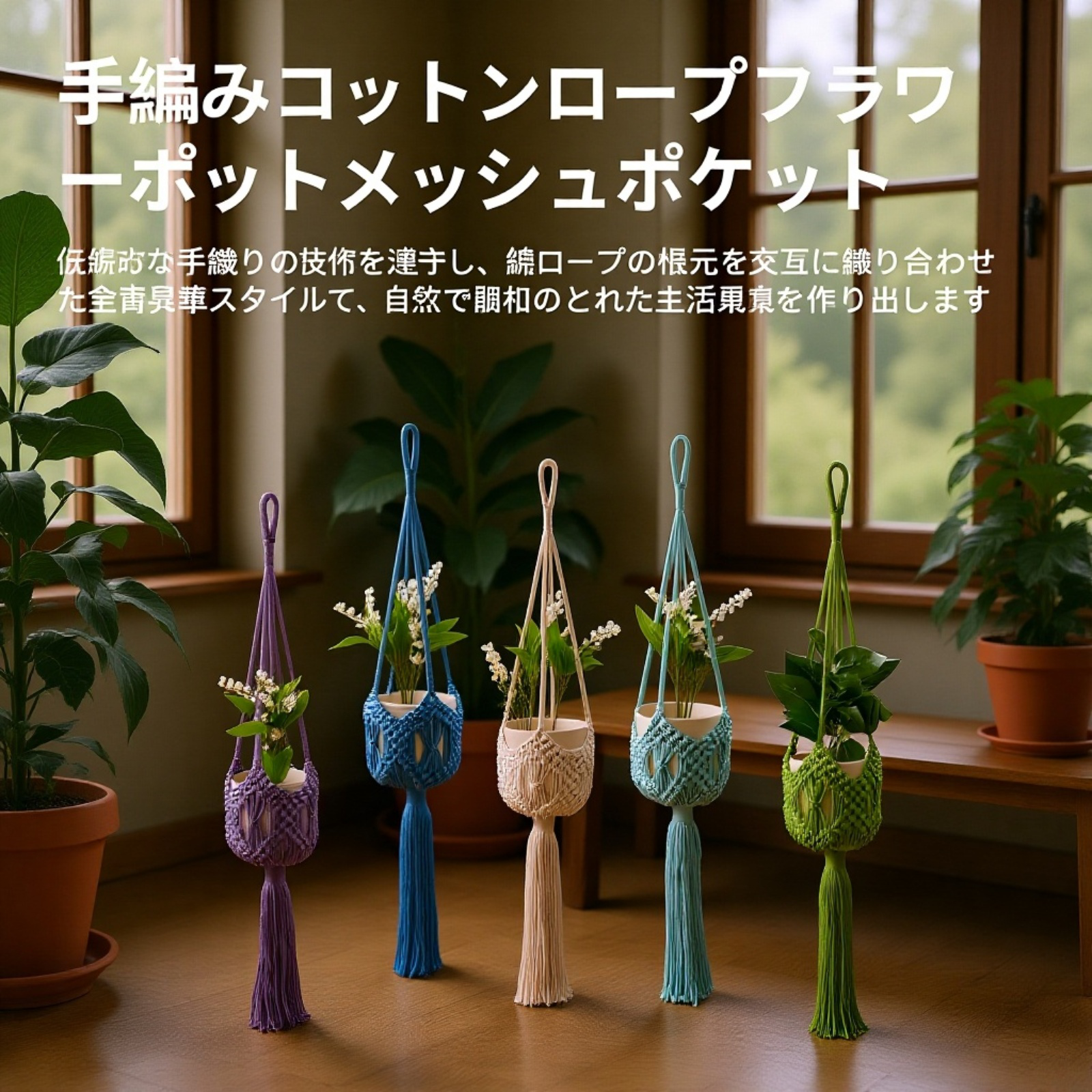 手編みの園芸用吊り下げネットプランターの全体写真