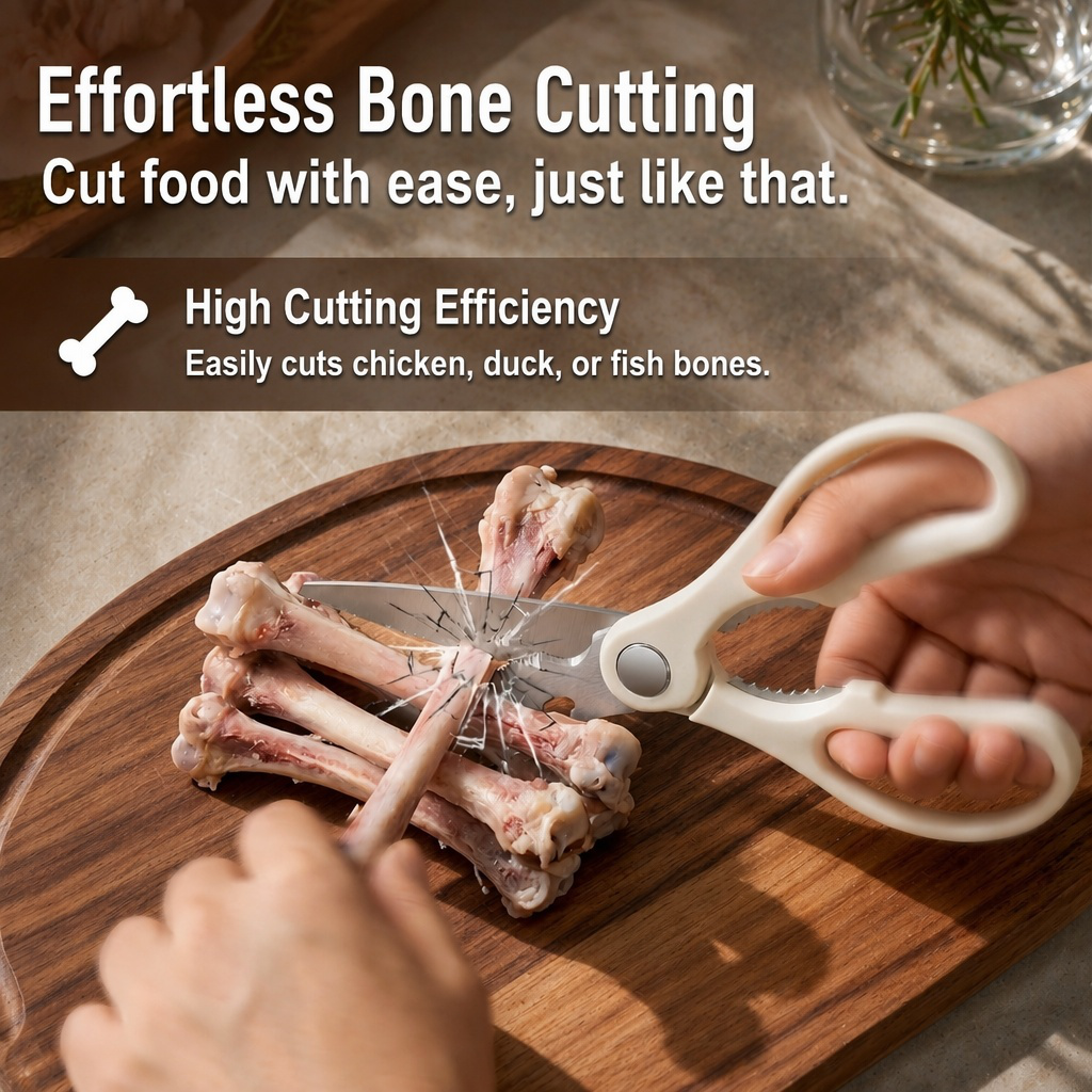 Durable steel kitchen shears for meat and bone cutting