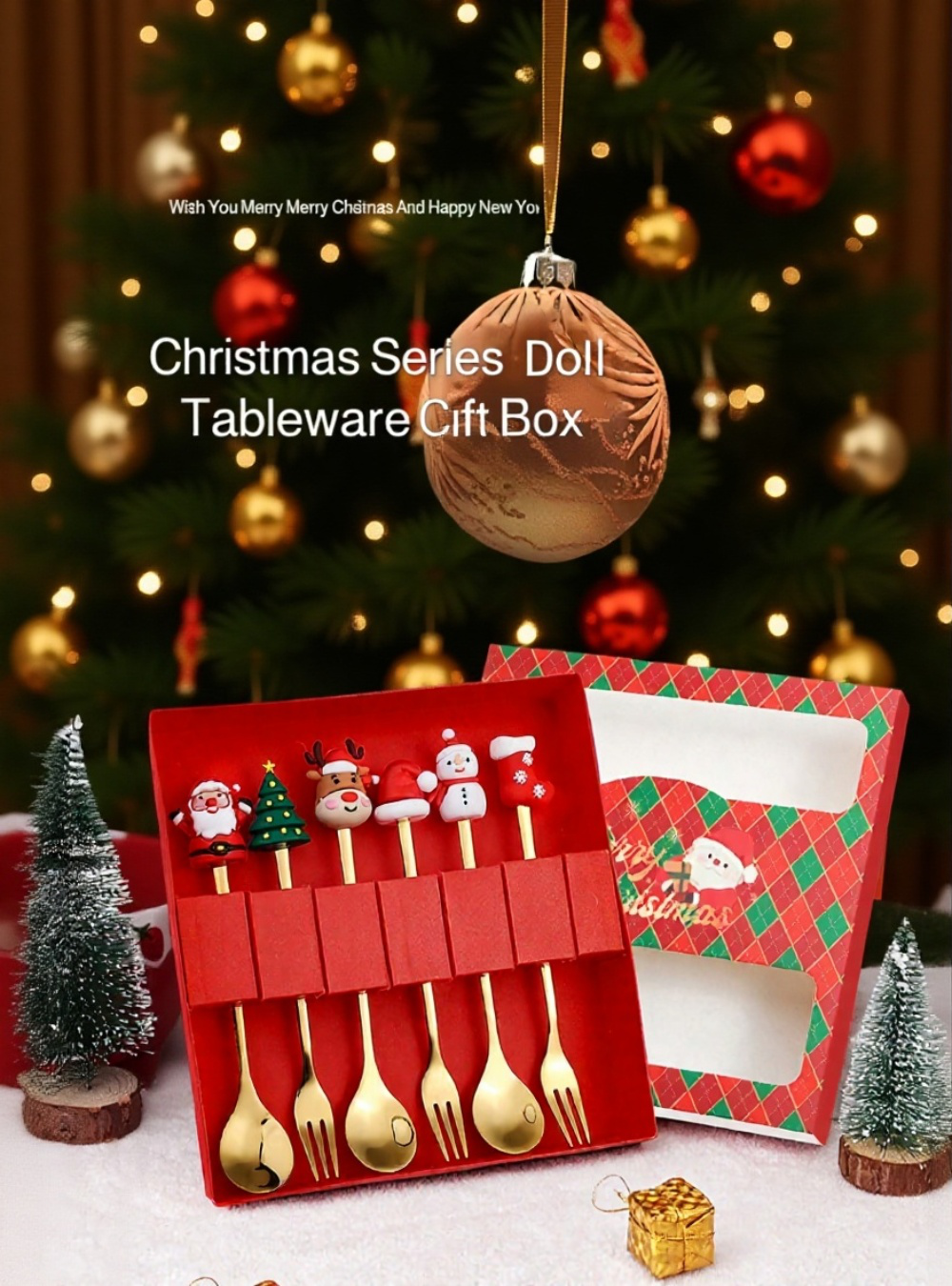 Christmas Santa Tree Stainless Steel Spoon and Fork Set on festive table