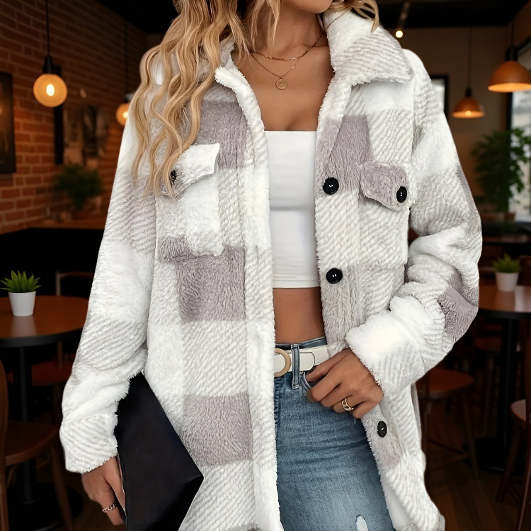 여성 가을 겨울 퍼 코트 버튼 포켓 스웨이드 코트 점퍼 체크 퍼 코트