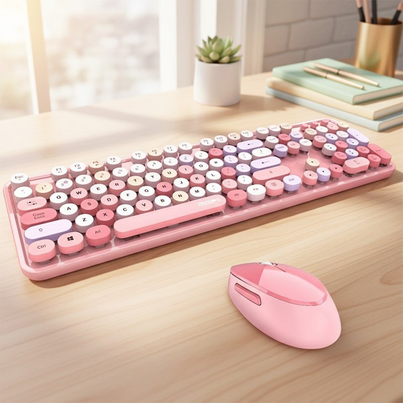 Wireless keyboard and mouse with vibrant lipstick color design