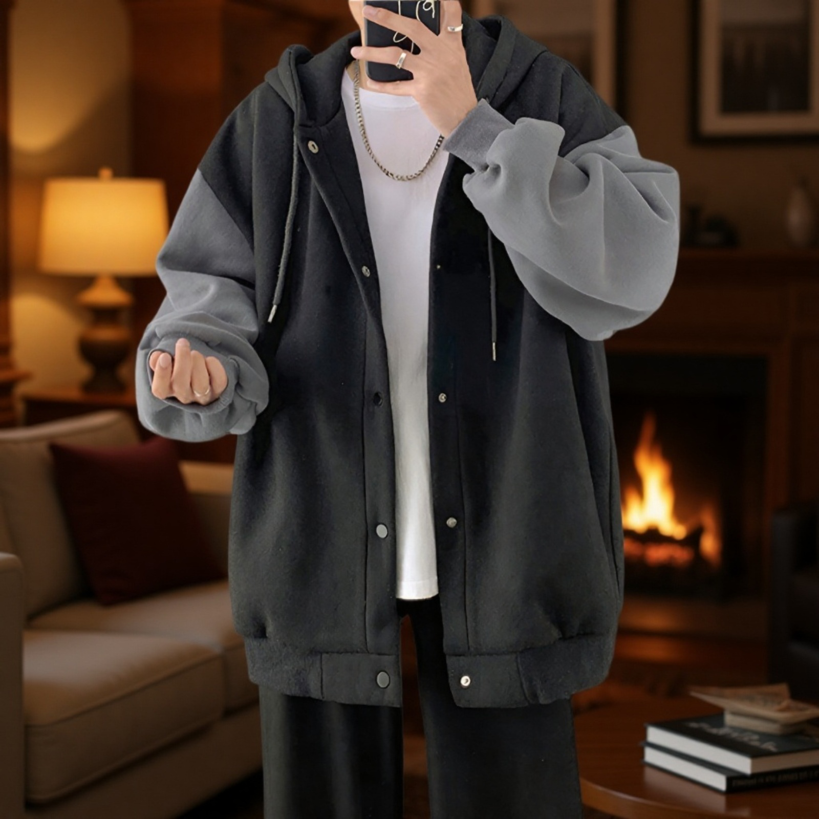 香港スタイルの秋と冬の男性用カジュアルカーディガンジャケット、ベルベットと厚みのあるトレンディなスプライシングスウェットシャツ、ルーズフード付きスウェットシャツ、カップル着用