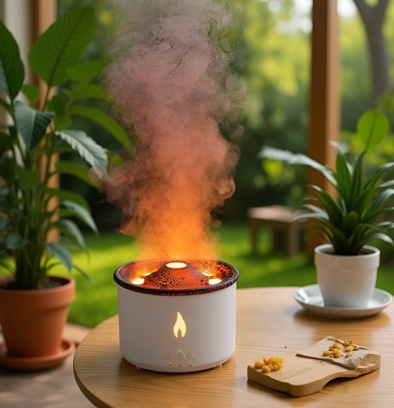 Volcano shaped humidifier emitting mist