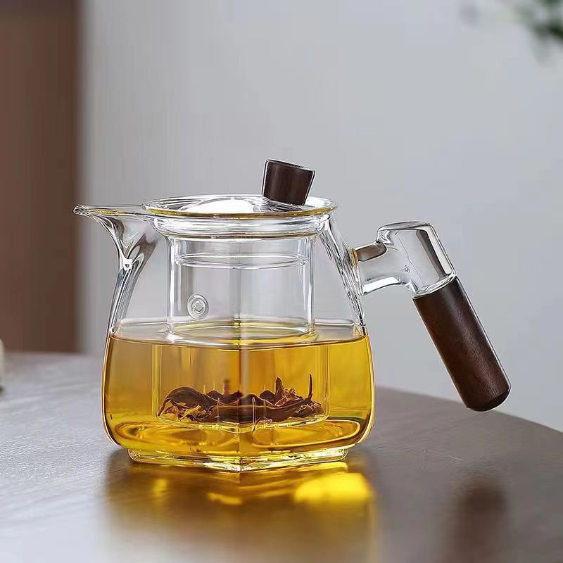 Hexagon High Borosilicate Glass Teapot with Wooden Handle