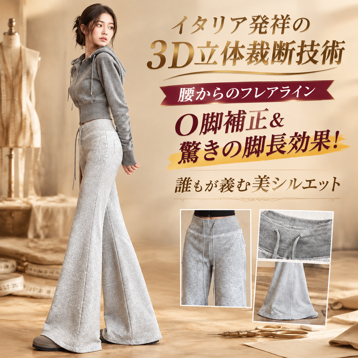 スリムに見えるハイウエストフレアスウェットパンツ