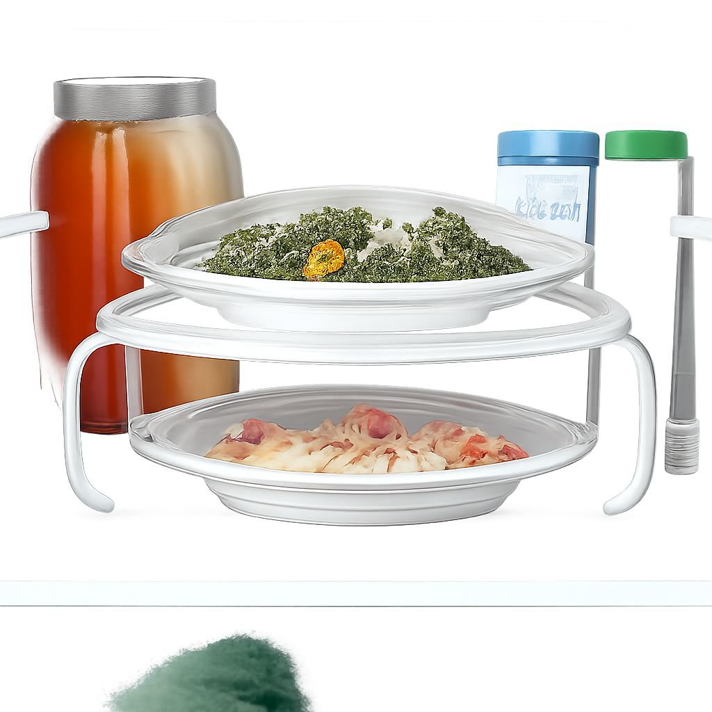 Side view of microwave storage shelf with kitchen accessories