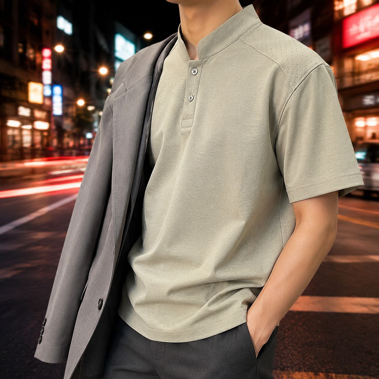 高級感のあるメンズスタンドカラーTシャツ生地感