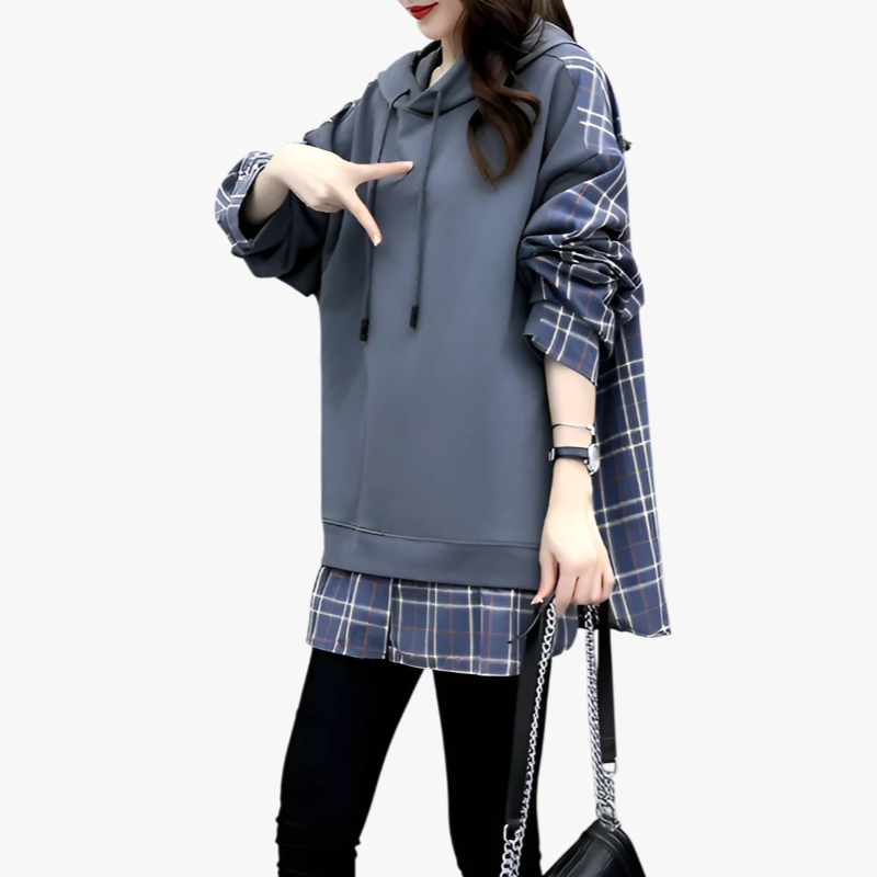レディース チェック柄パッチワークフェイクツーピース 長袖スウェットシャツ 2025年春新作 ルーズフィット フード付き ミドル丈Tシャツ トップス