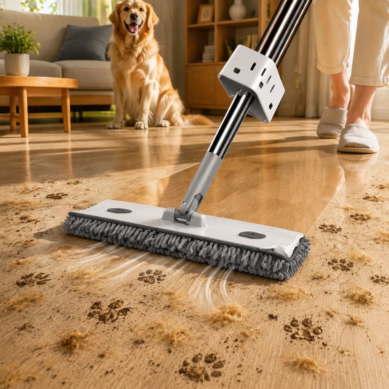 Efficient mop with absorbent pad for wet cleaning
