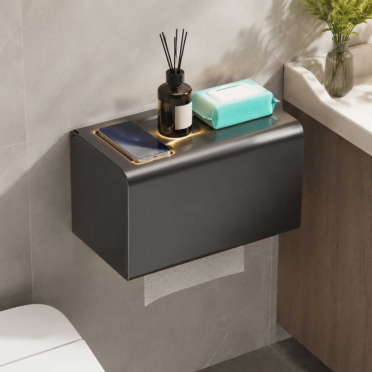 Boîte à papier toilette étanche installée dans une salle de bain moderne