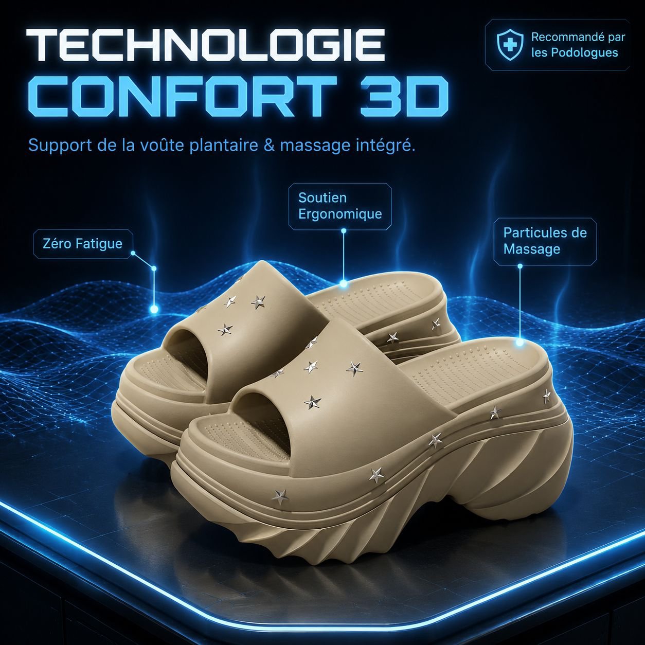 Sandales plateforme femme décor étoiles, talons hauts confortables