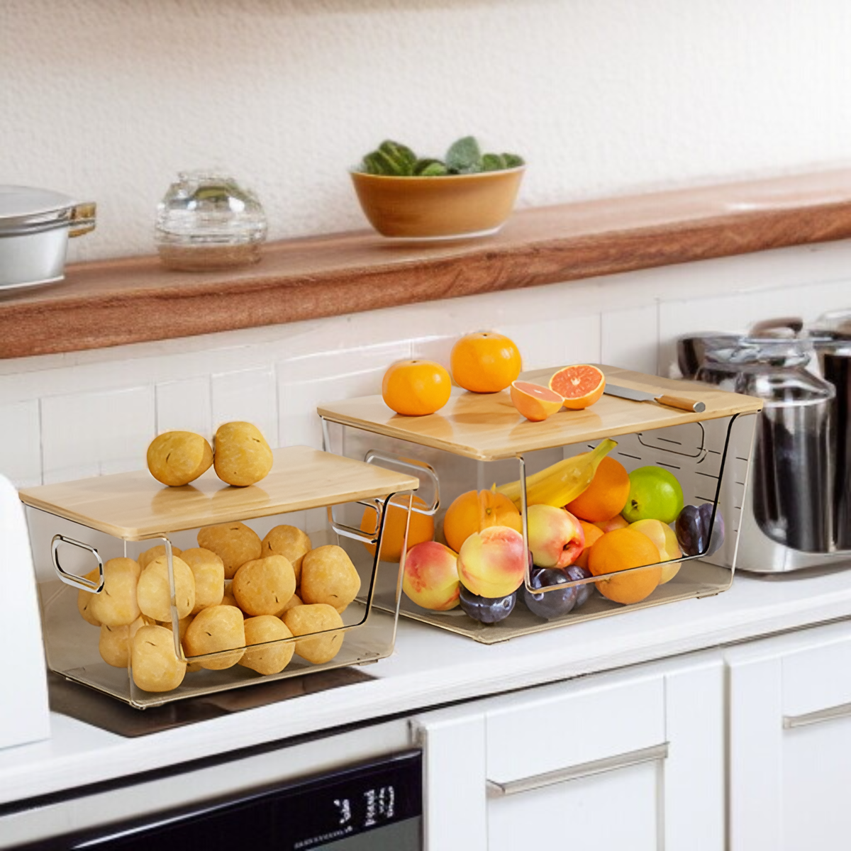 멀티 데스크 라지 수납함 대용량 다용도 가정용 투명 대나무 뚜껑 수납함