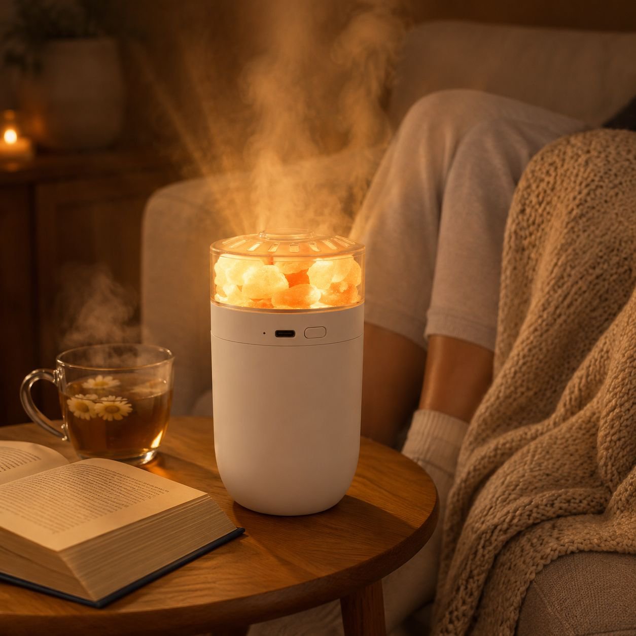 Wireless Charging Car Salt Lamp Humidifier with water tank and mist output