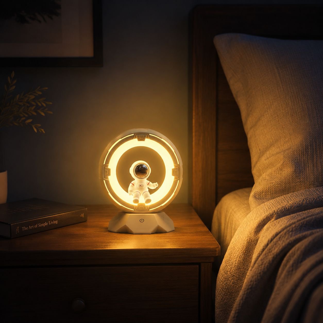 Cartoon astronaut night light on bedside table