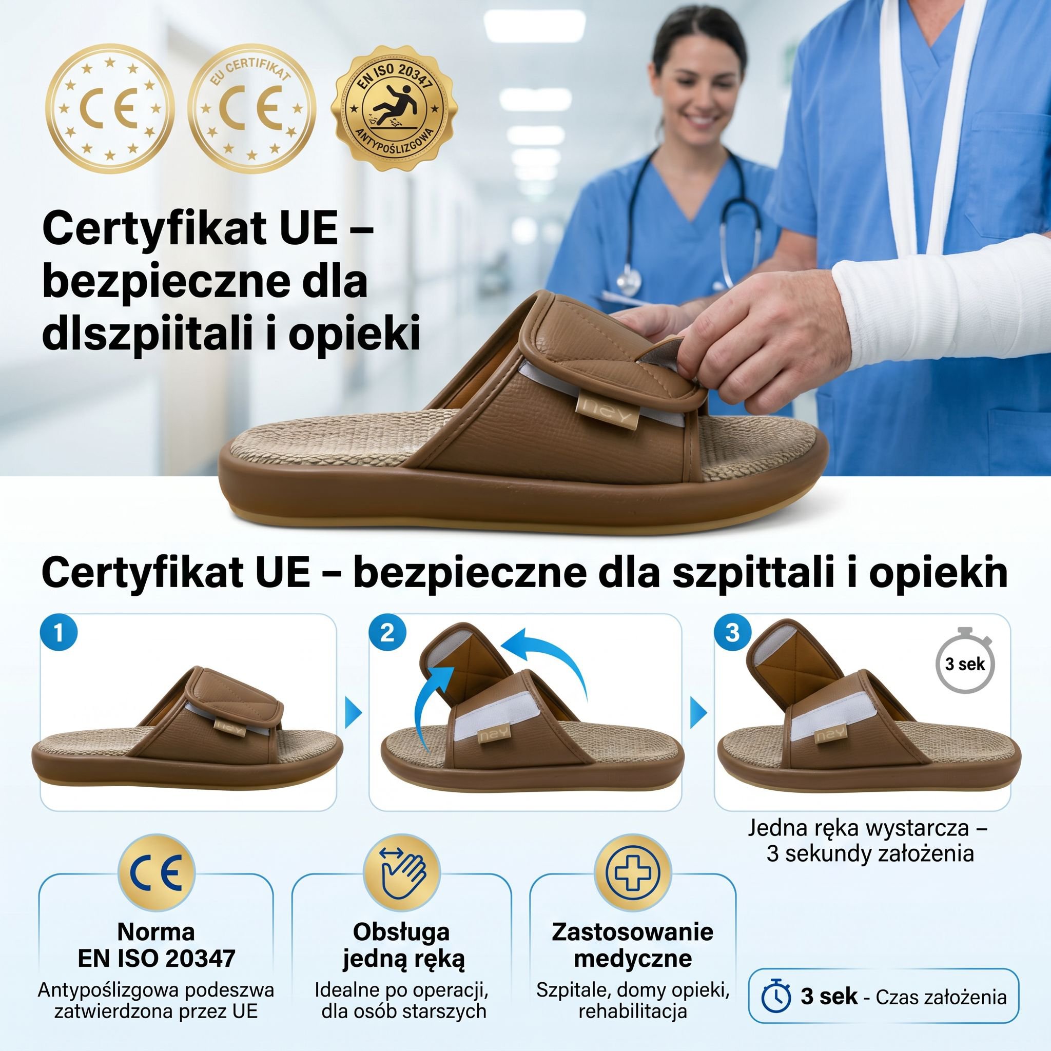 Obuwie domowe na rzepy dla szerokiej i wysokiej stopy, do szpitali i opieki
