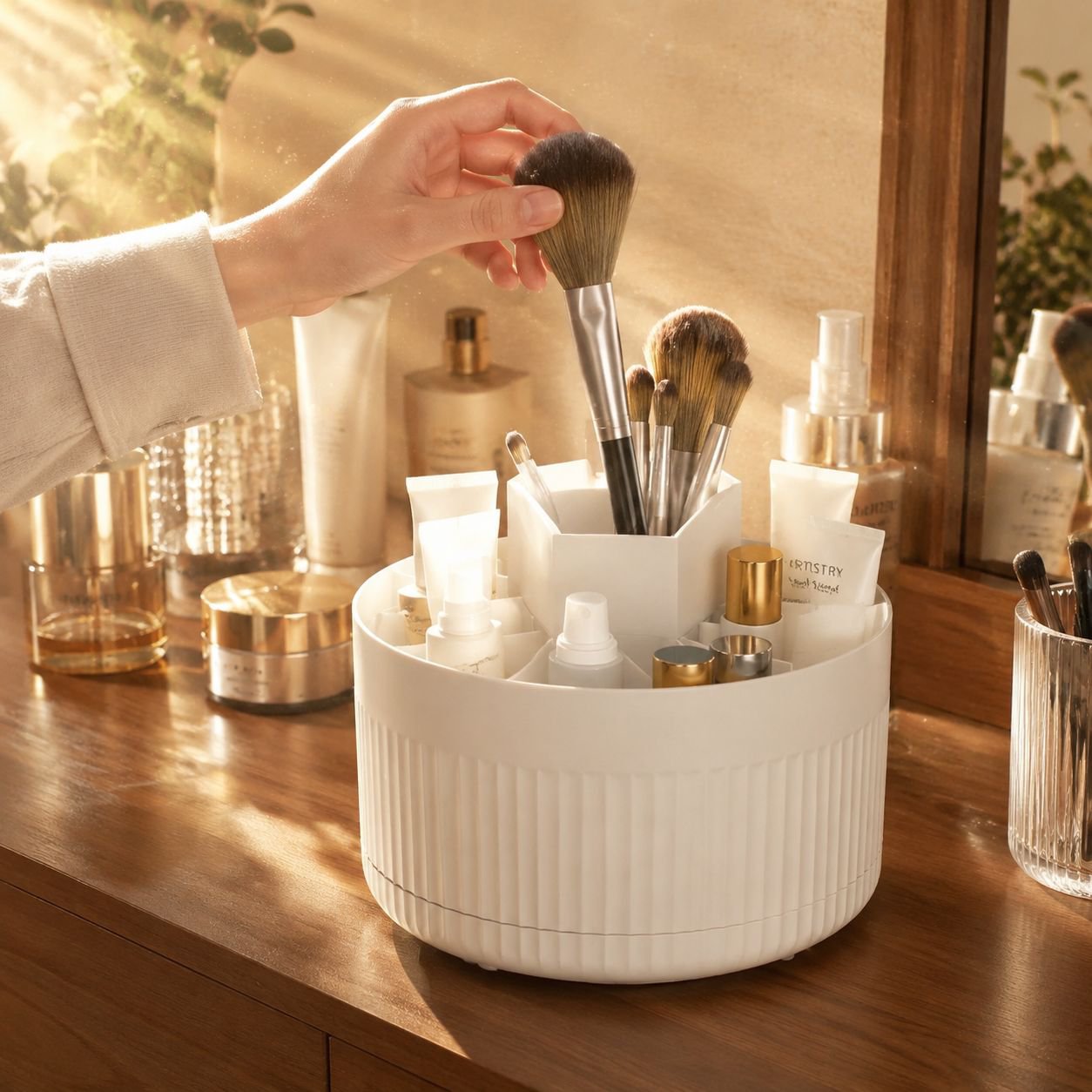Space-saving rotating organizer for cosmetics