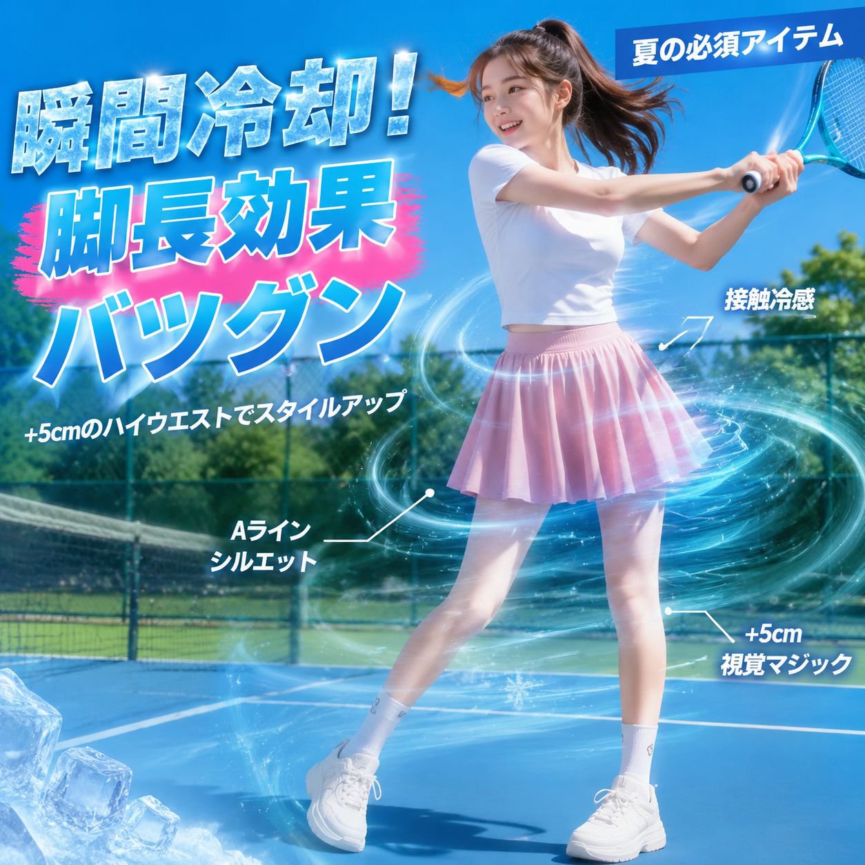 女性用ハイウエスト アイス感Aラインプリーツスカート ピンク 薄手タイプ