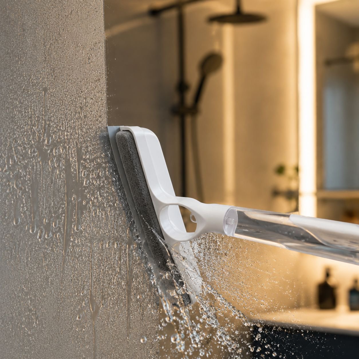 Streak-free results with glass cleaning mop scraper