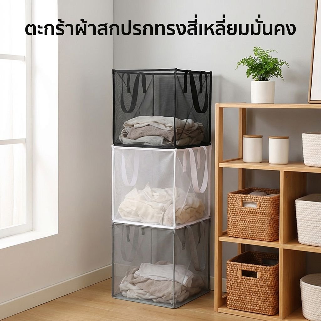 ตะกร้าใส่ผ้าแบบพกพาพร้อมหูหิ้ว