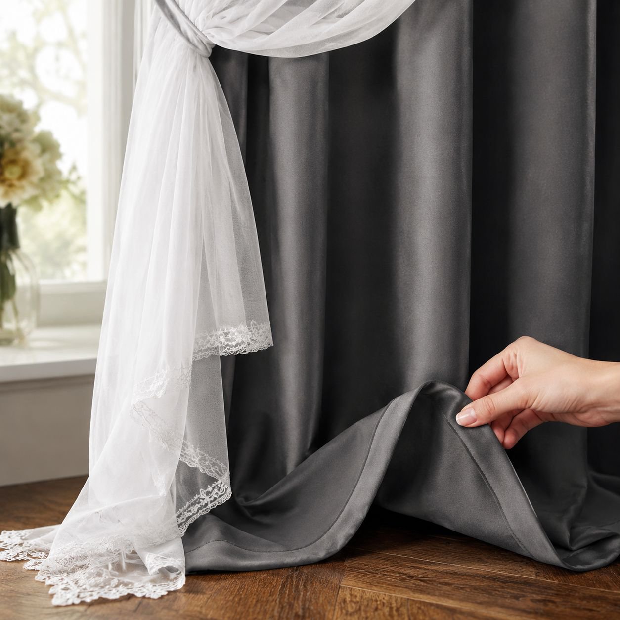 Finished Double Layer Blackout Curtain with Lace Trim