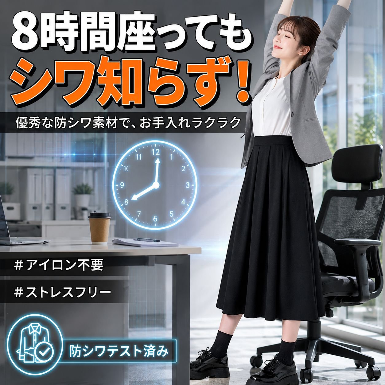夏・ハイウエスト 小柄さん向けプリーツAラインスカート 黒 ミディ丈
