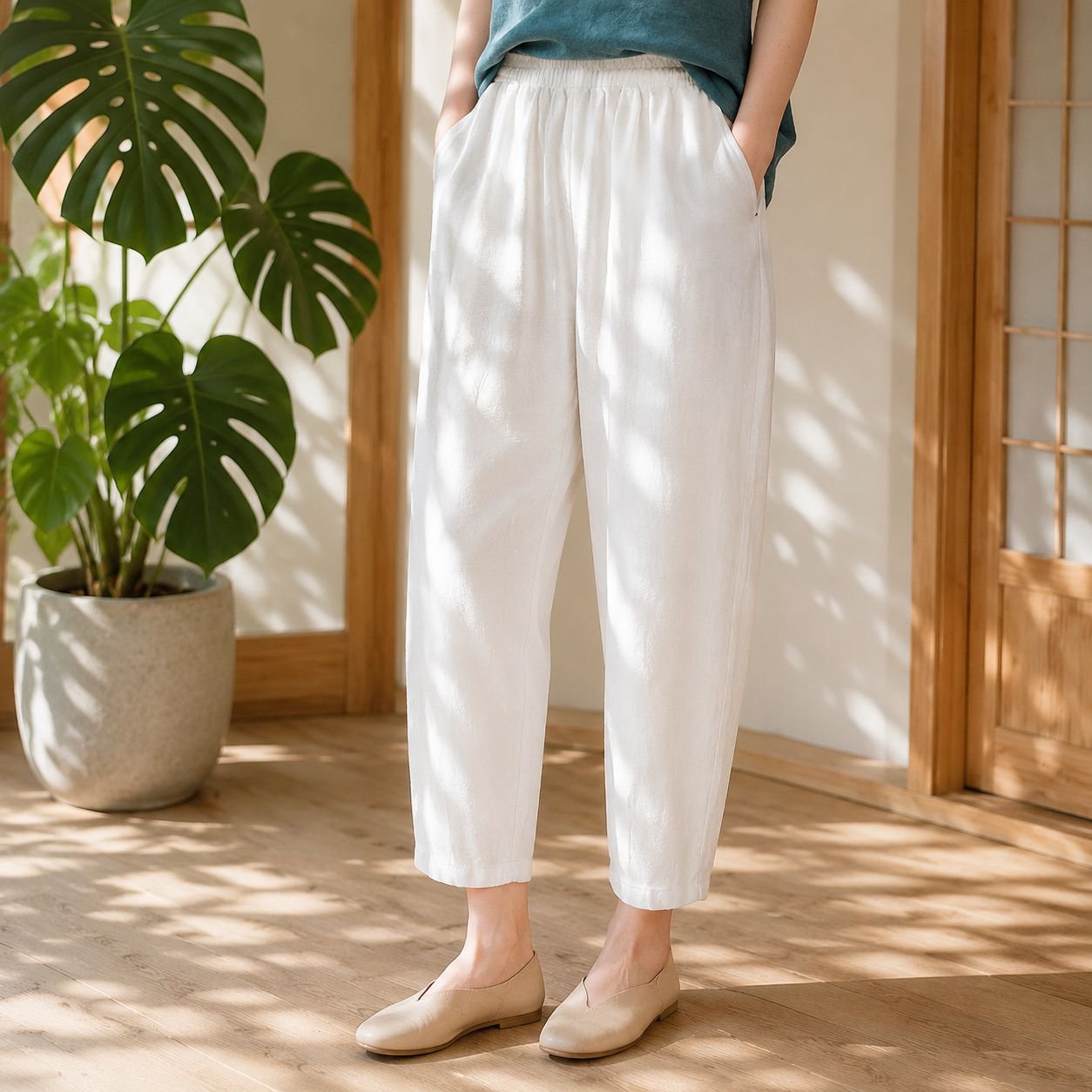 9分丈で足元すっきり見せる薄手パンツ