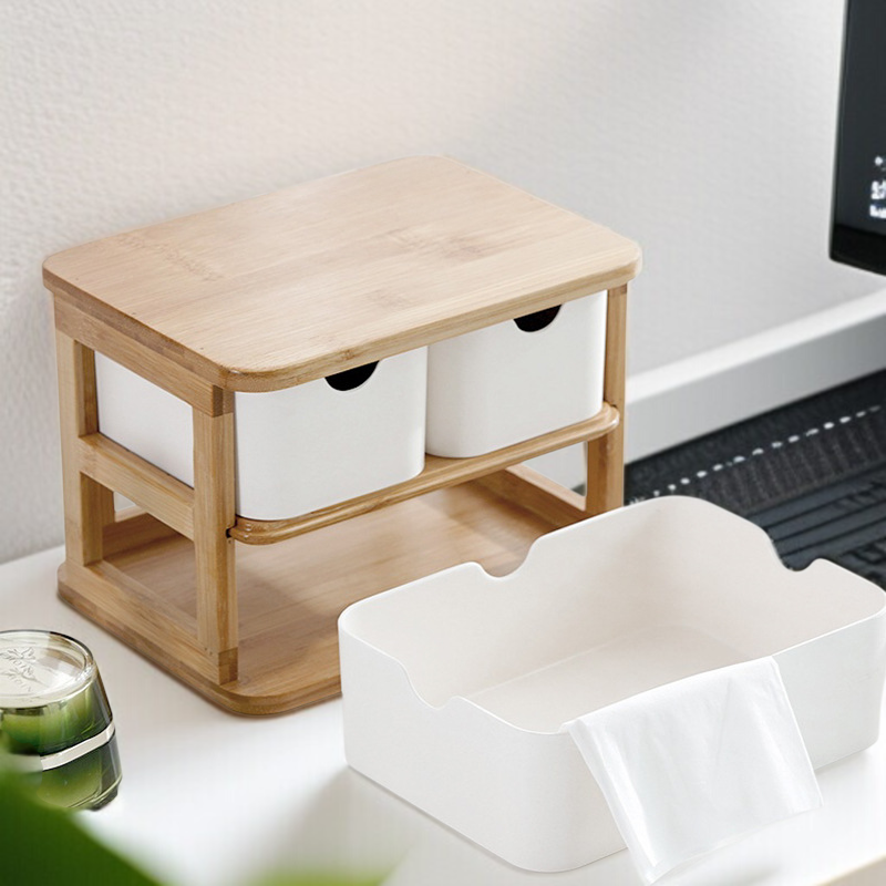 多層竹木製デスクトップ収納ボックス正面写真