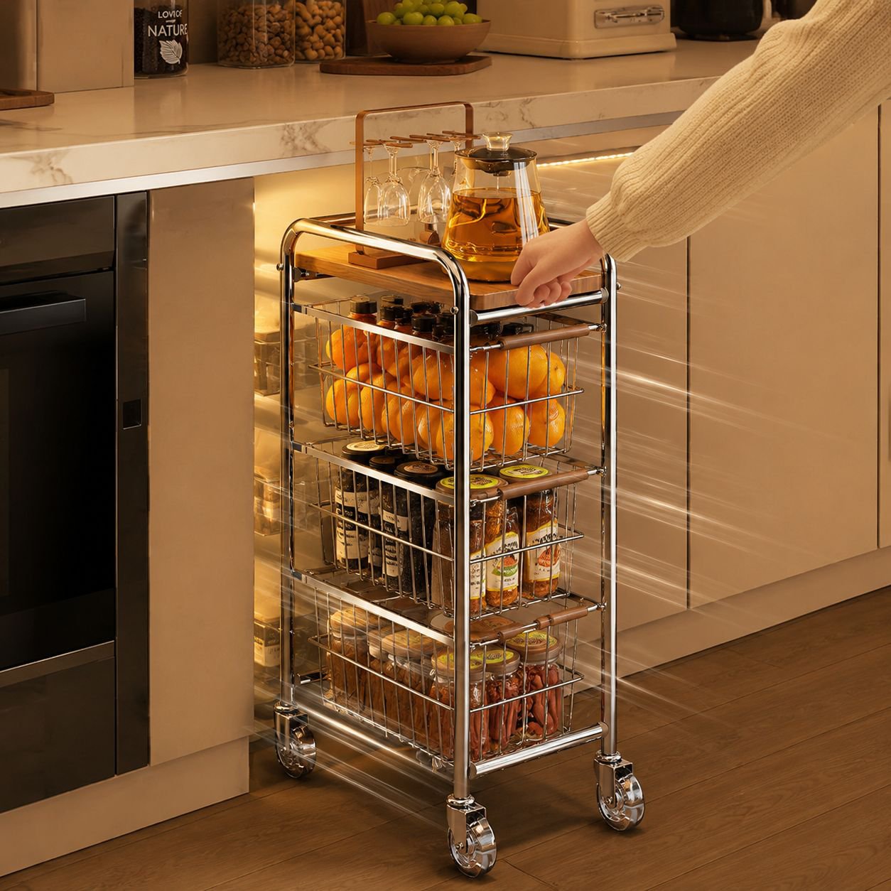 Multi-layer vintage kitchen narrow storage trolley, pull-out refrigerator side rack