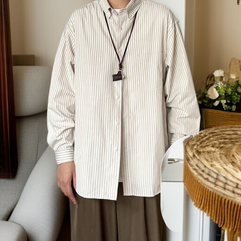 남성 봄가을 루즈핏 스트라이프 캐주얼 셔츠 착용샷