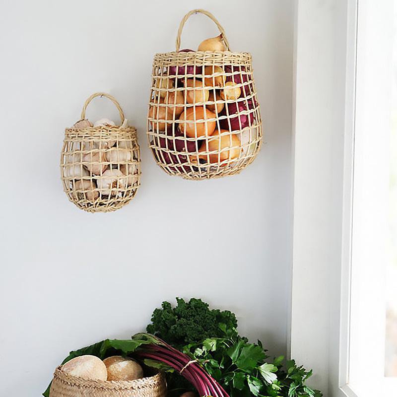 Nordic Woven Rattan Basket for Kitchen Garlic and Ginger Storage, Wall-Mounted Hanging Basket