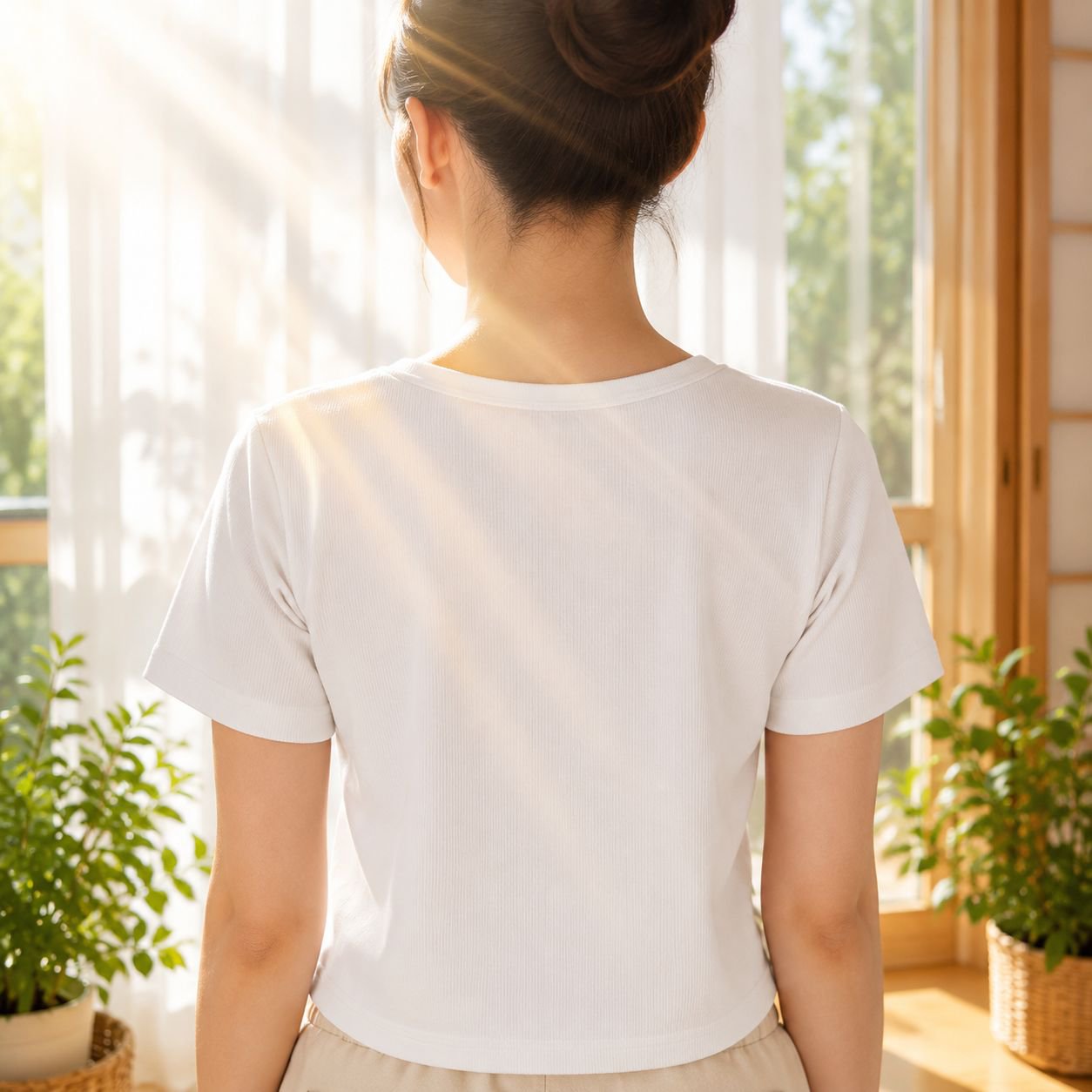 カジュアルコーデ レディースUネックTシャツ