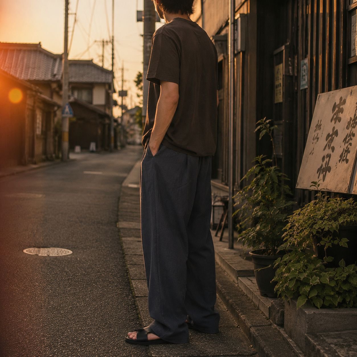 手作りならではの温かみあるリネンパンツの細部