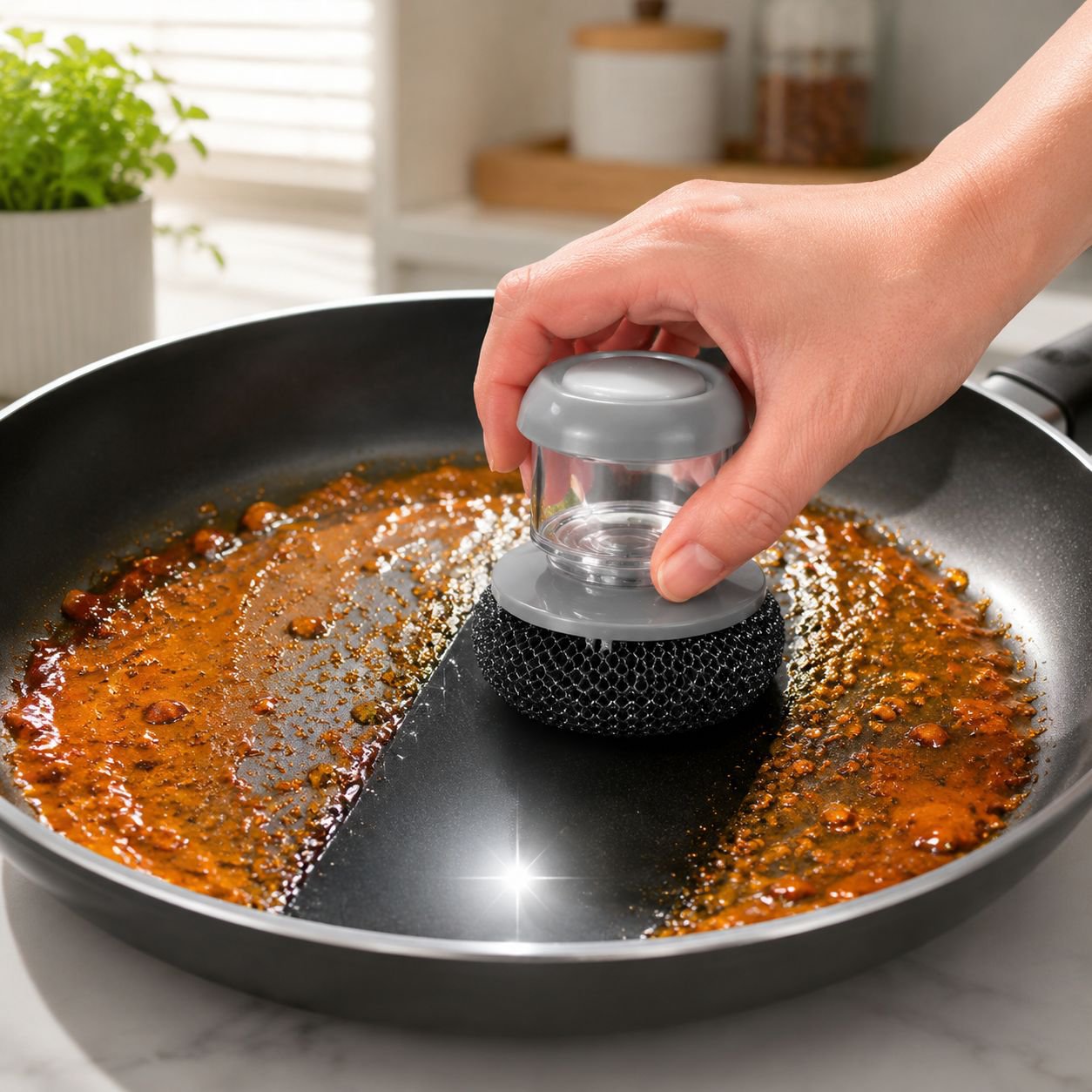 Kitchen Brush with Soap Dispenser, Short Handle Sponge and Wire Ball