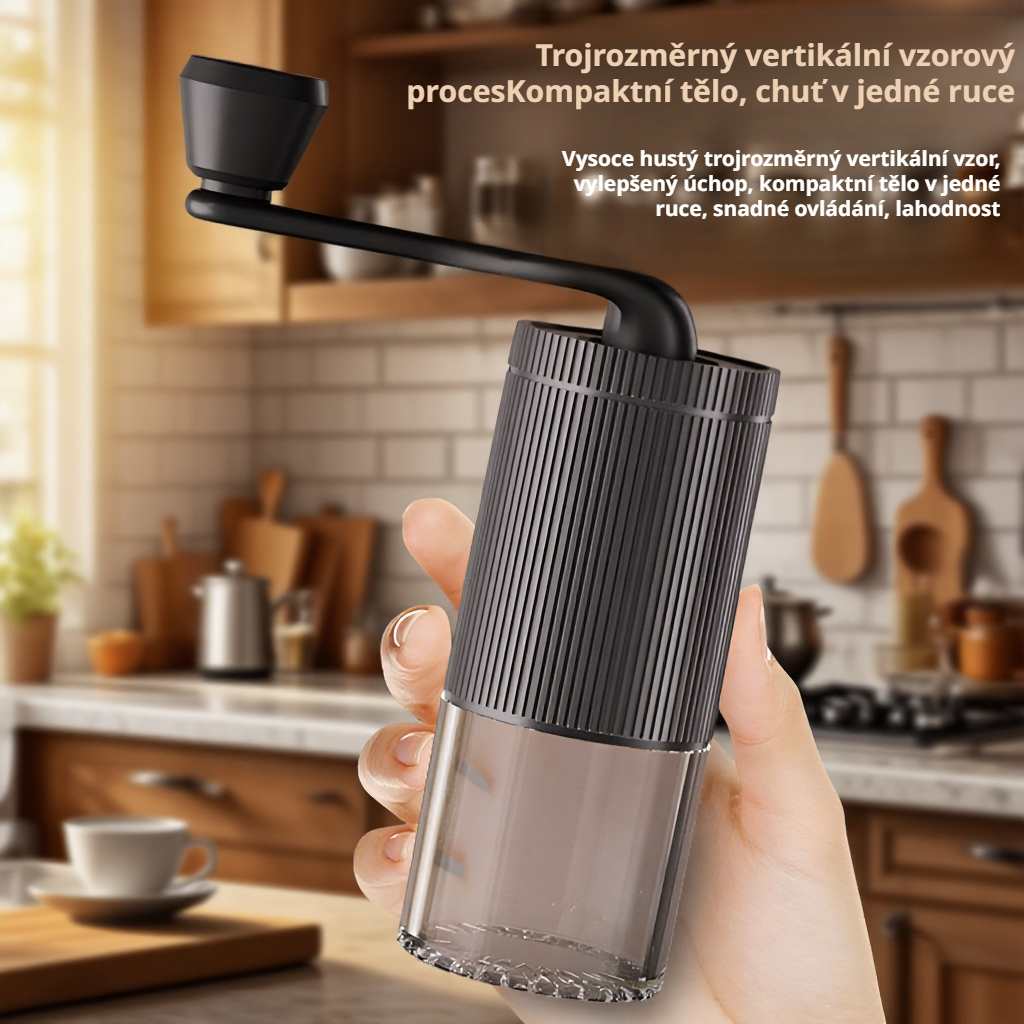 Ruční mlýnek na kávu s nastavitelnou klikou, snadno čistitelný a přenosný