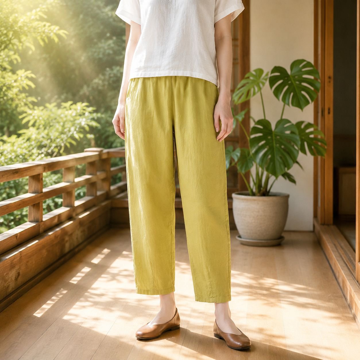 春夏用薄手コットンリネン9分丈パンツ