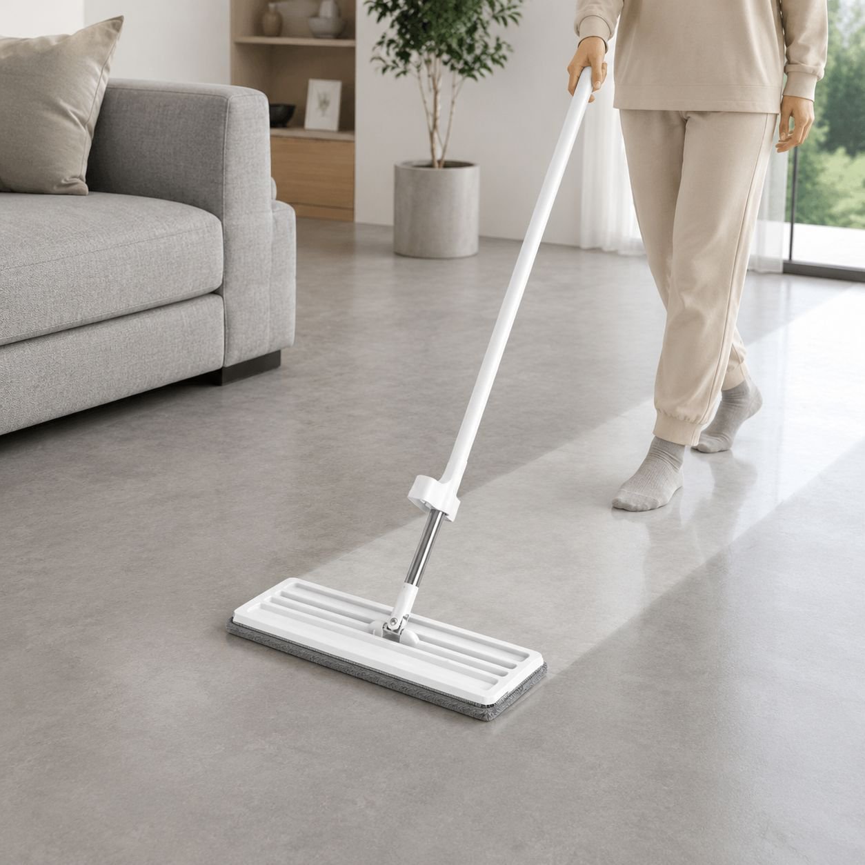 Tile mop with ergonomic handle and fast drying