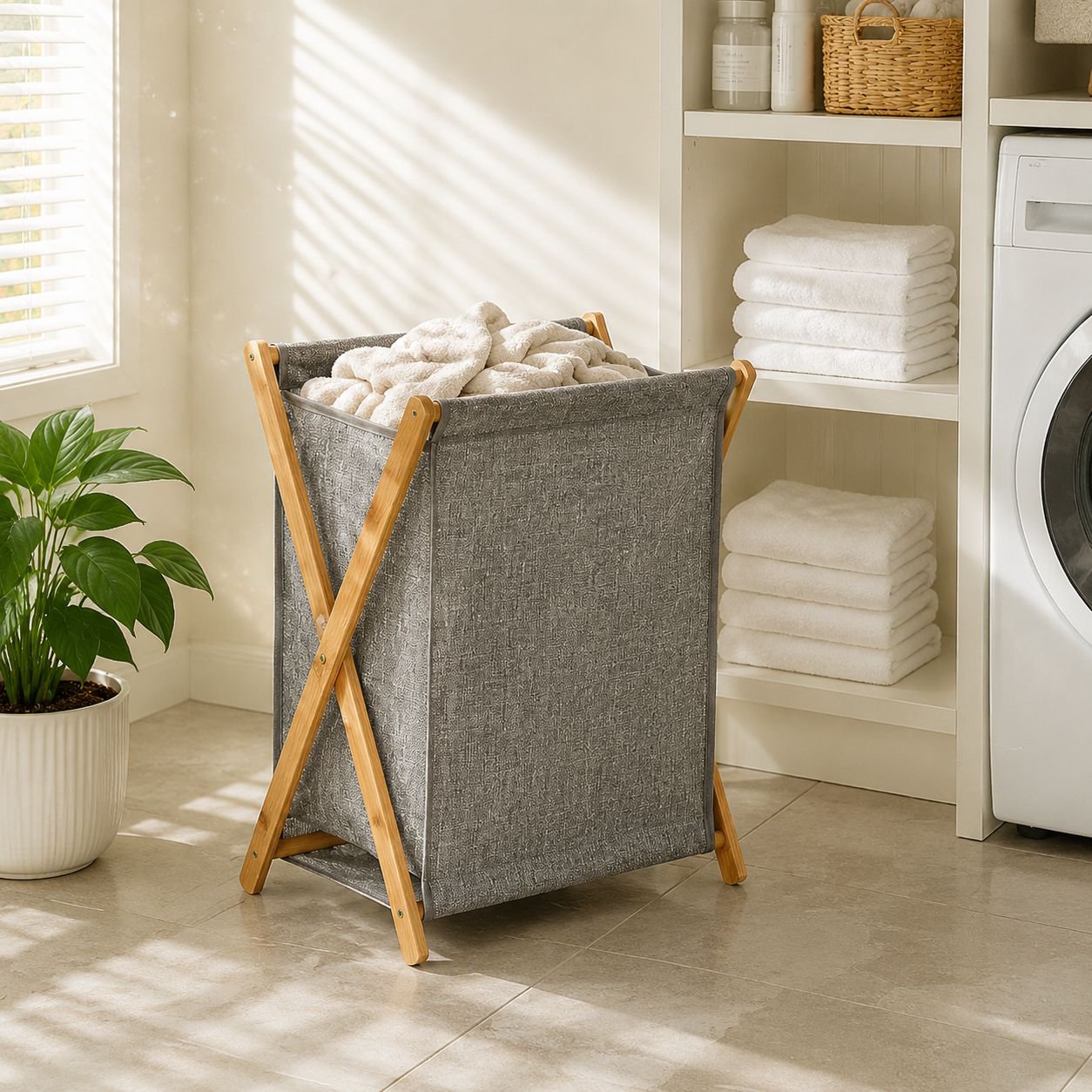 Sturdy eco bamboo laundry hamper in a modern bedroom