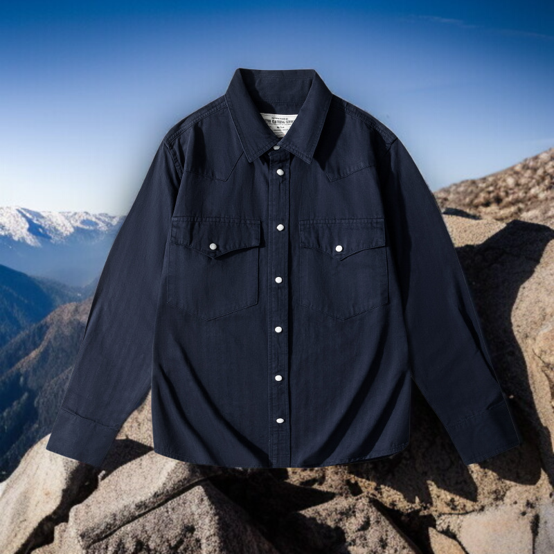 エンジニアワークスタイルのヘリンボーンシャツ着用例