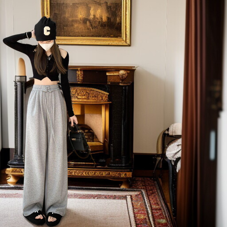 그레이 여성 하이웨스트 와이드 팬츠 전면 이미지