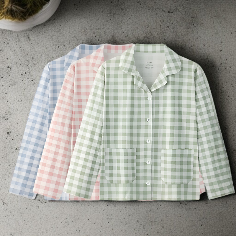 レディース秋冬チェック柄コットンパジャマトップス