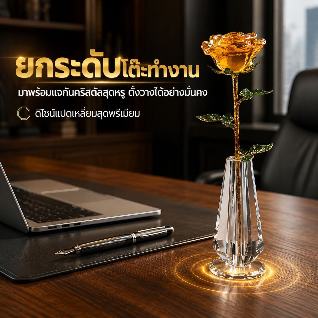 เครื่องประดับแจกันแก้วรูปดอกกุหลาบจำลองคริสตัล