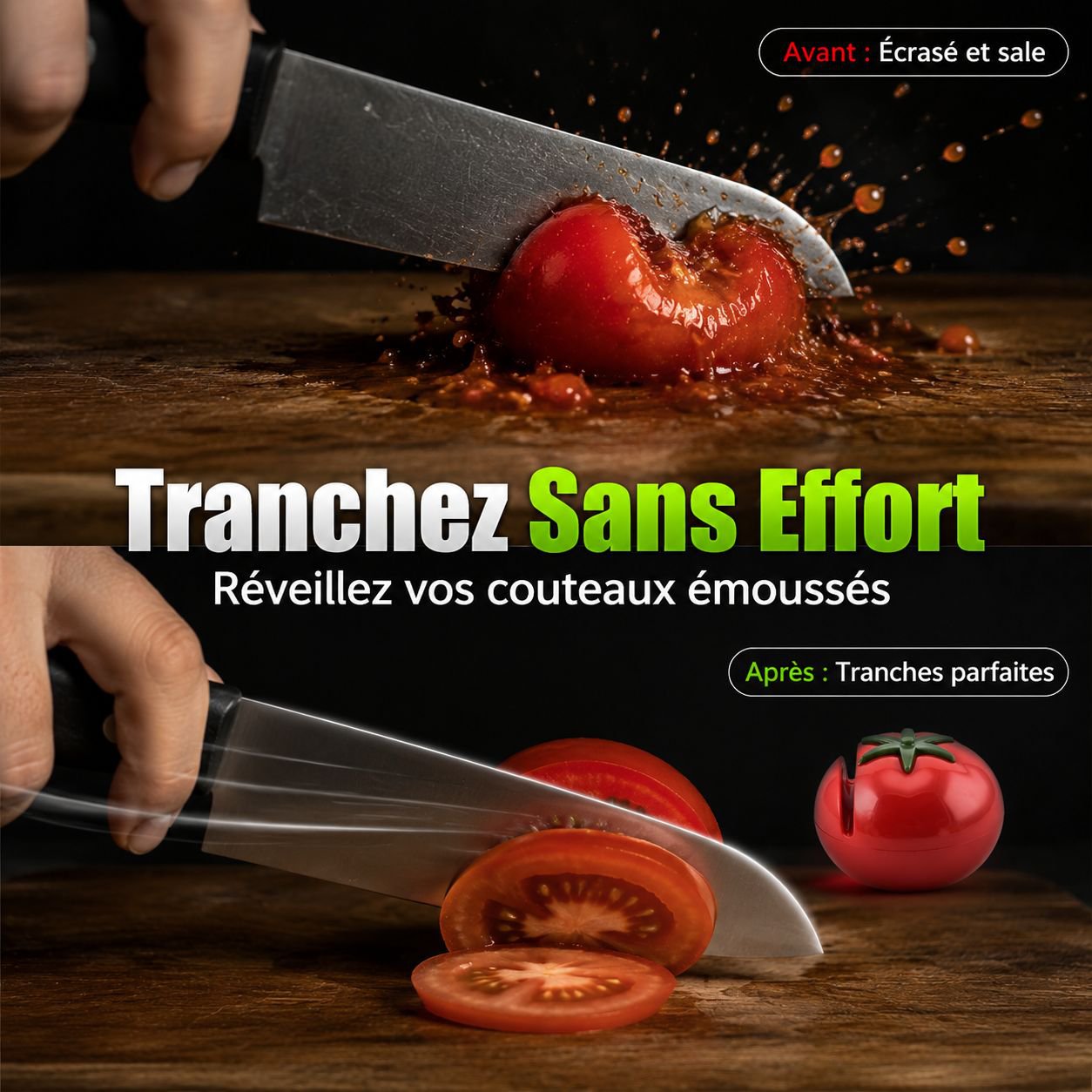 Aiguiseur manuel de couteaux design tomate, accessoire portable pour cuisine