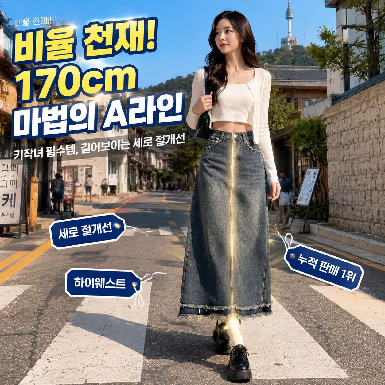 여성 하이웨스트 데님 A라인 미디 스커트, 슬림핏, 빈티지 프린지, 귀여운 스타일